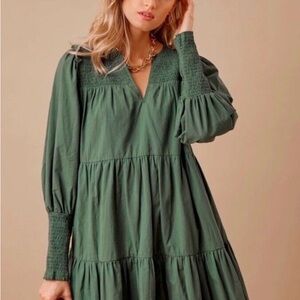 Pomander Place S Ceci Smocked Long Sleeve Sage Green Tiered Cotton
Mini Dress